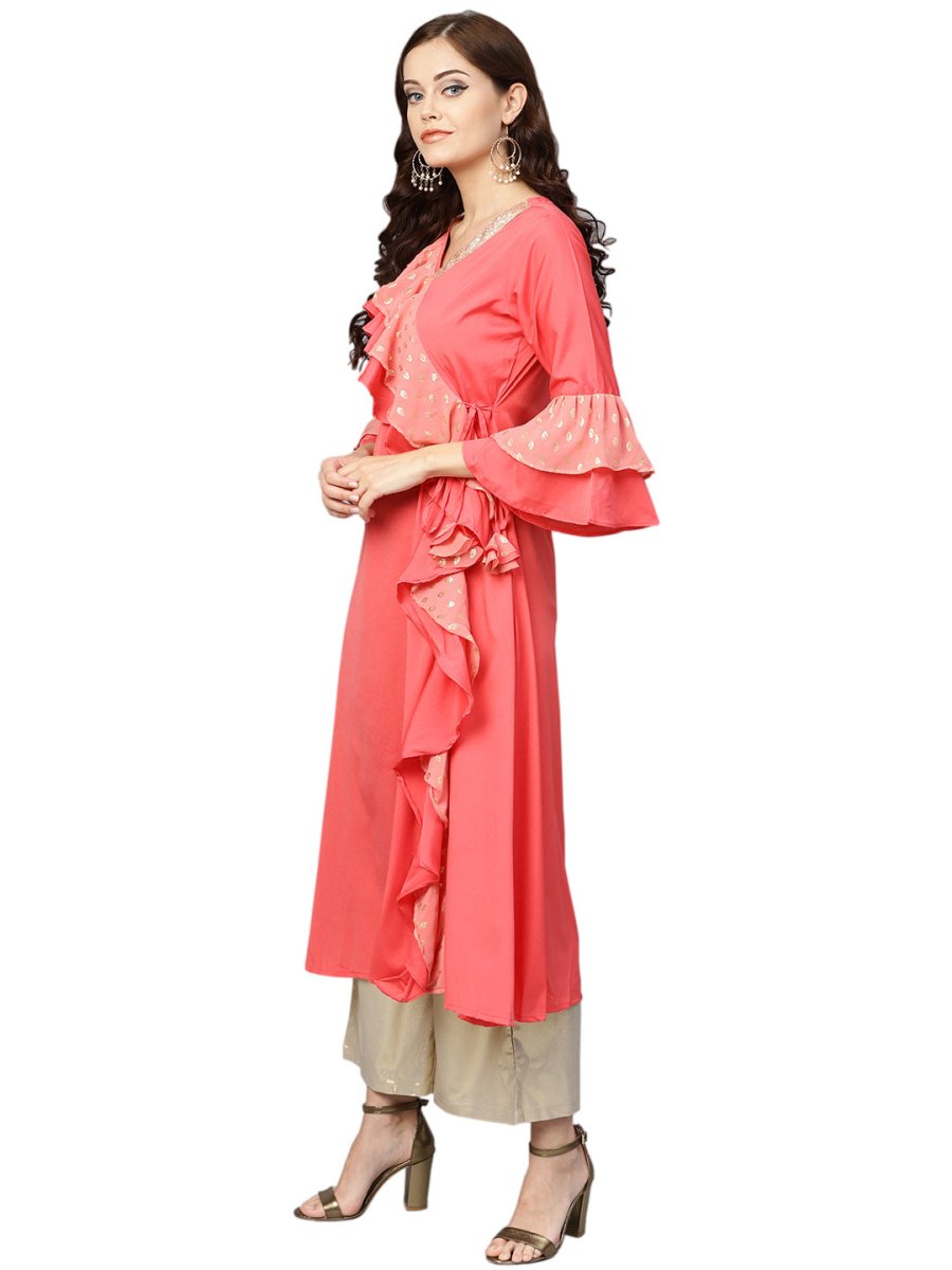 Ahalyaa Women Coral Pink Solid Ruffle Detail Angrakha Beautiful Kurta | Swadesiicart