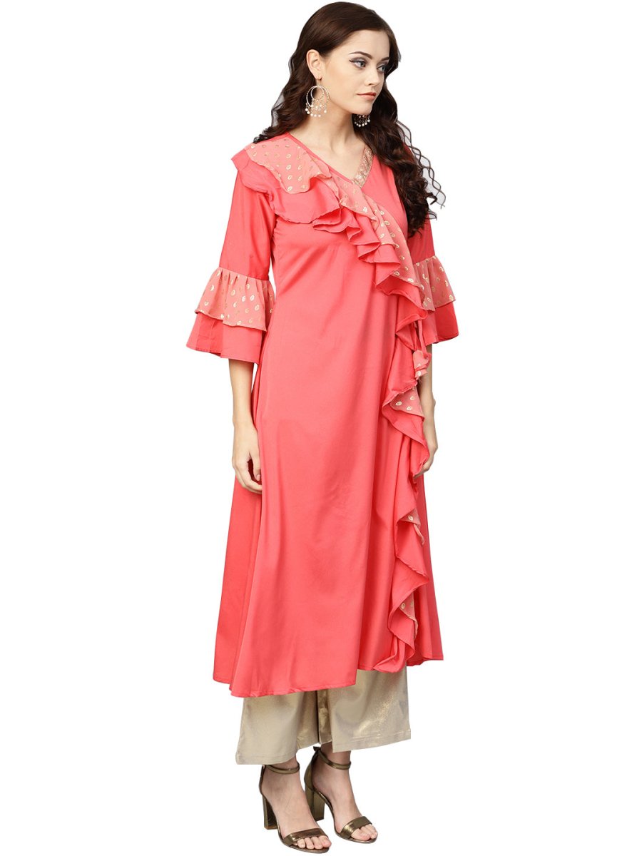 Ahalyaa Women Coral Pink Solid Ruffle Detail Angrakha Beautiful Kurta | Swadesiicart