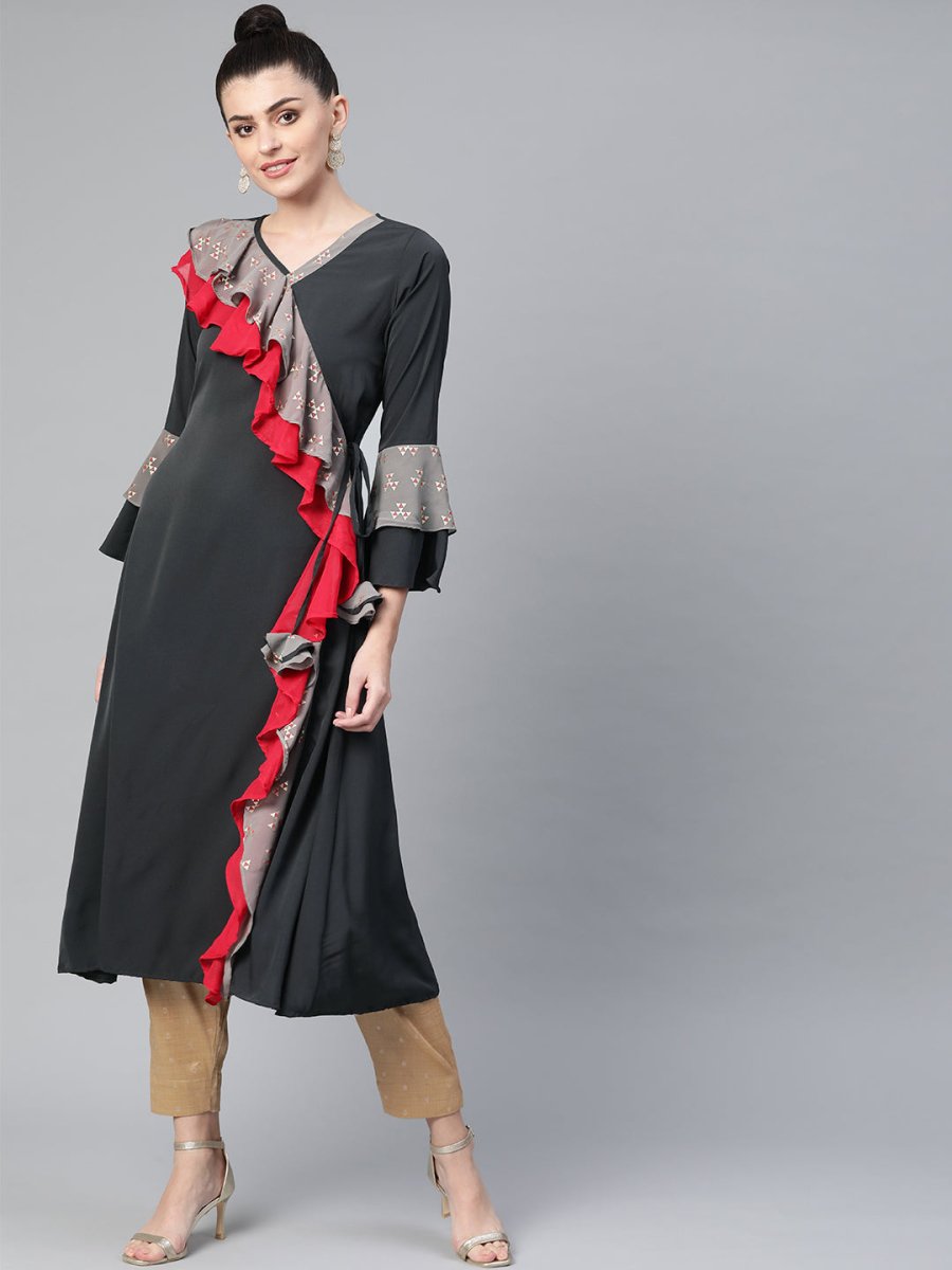 Ahalyaa Women Charcoal Grey Solid Ruffled Angrakha A-Line Kurta | Swadesiicart