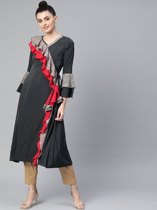 Ahalyaa Women Charcoal Grey Solid Ruffled Angrakha A-Line Kurta | Swadesiicart