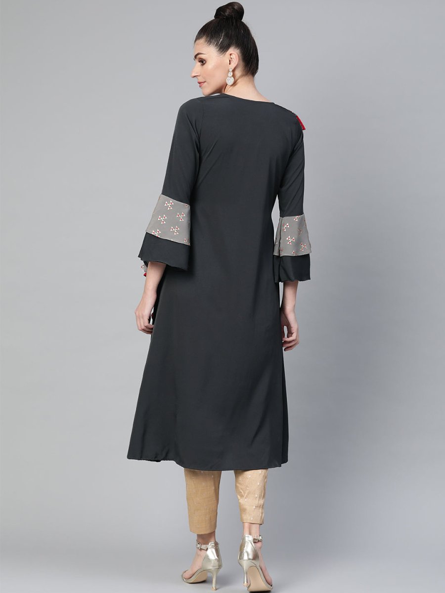 Ahalyaa Women Charcoal Grey Solid Ruffled Angrakha A-Line Kurta | Swadesiicart