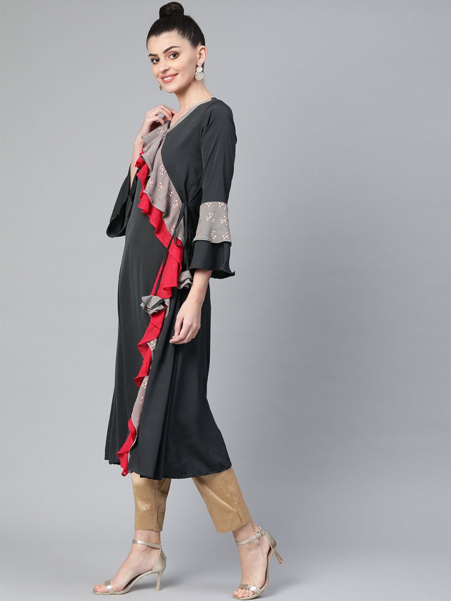 Ahalyaa Women Charcoal Grey Solid Ruffled Angrakha A-Line Kurta | Swadesiicart