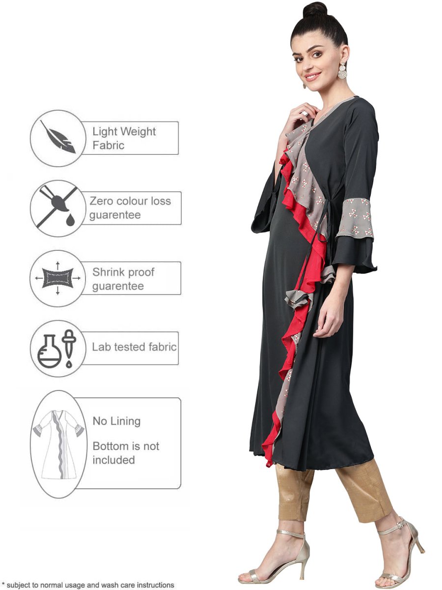 Ahalyaa Women Charcoal Grey Solid Ruffled Angrakha A-Line Kurta | Swadesiicart
