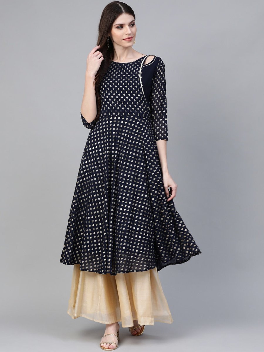 Ahalyaa Navy-Blue Printed Straight Kurta | Swadesiicart