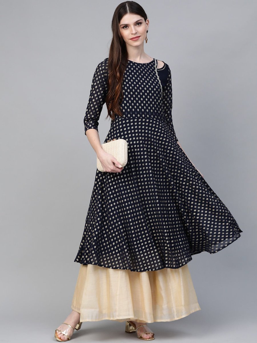 Ahalyaa Navy-Blue Printed Straight Kurta | Swadesiicart