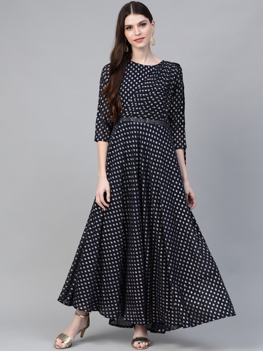 Ahalyaa Navy Blue & Golden Foil Printed Maxi Dress With Attached Dupatta | Swadesiicart