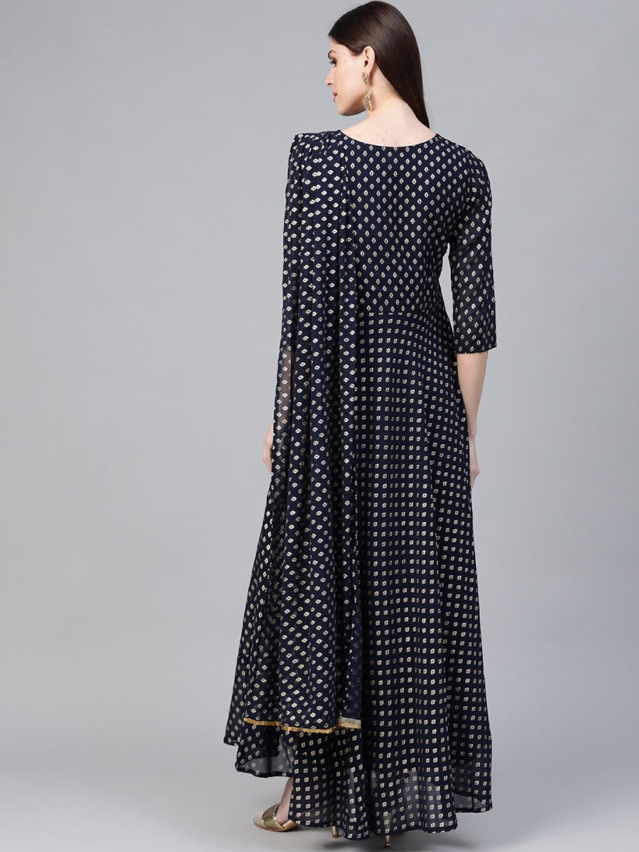 Ahalyaa Navy Blue & Golden Foil Printed Maxi Dress With Attached Dupatta | Swadesiicart