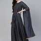 Ahalyaa Navy Blue & Golden Foil Printed Maxi Dress With Attached Dupatta | Swadesiicart