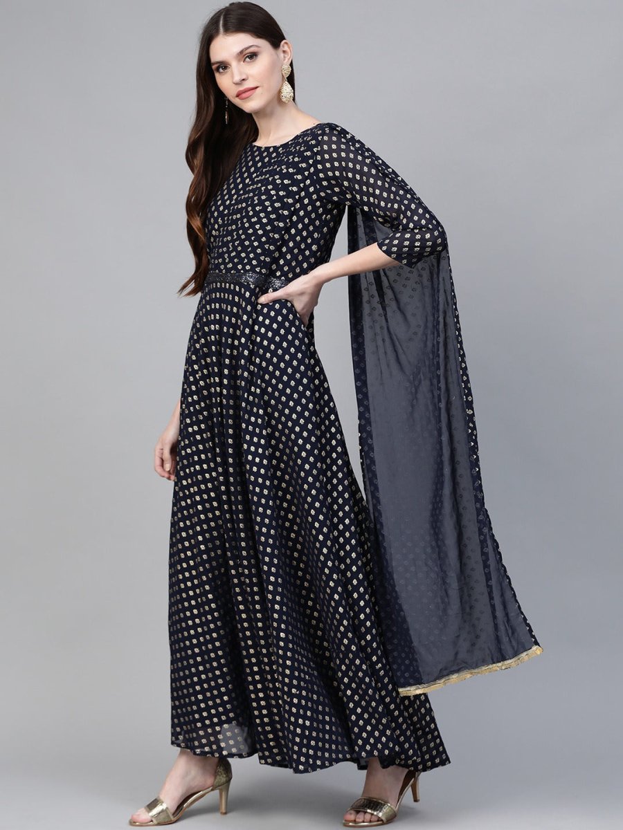Ahalyaa Navy Blue & Golden Foil Printed Maxi Dress With Attached Dupatta | Swadesiicart