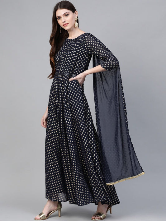 Ahalyaa Navy Blue & Golden Foil Printed Maxi Dress With Attached Dupatta | Swadesiicart