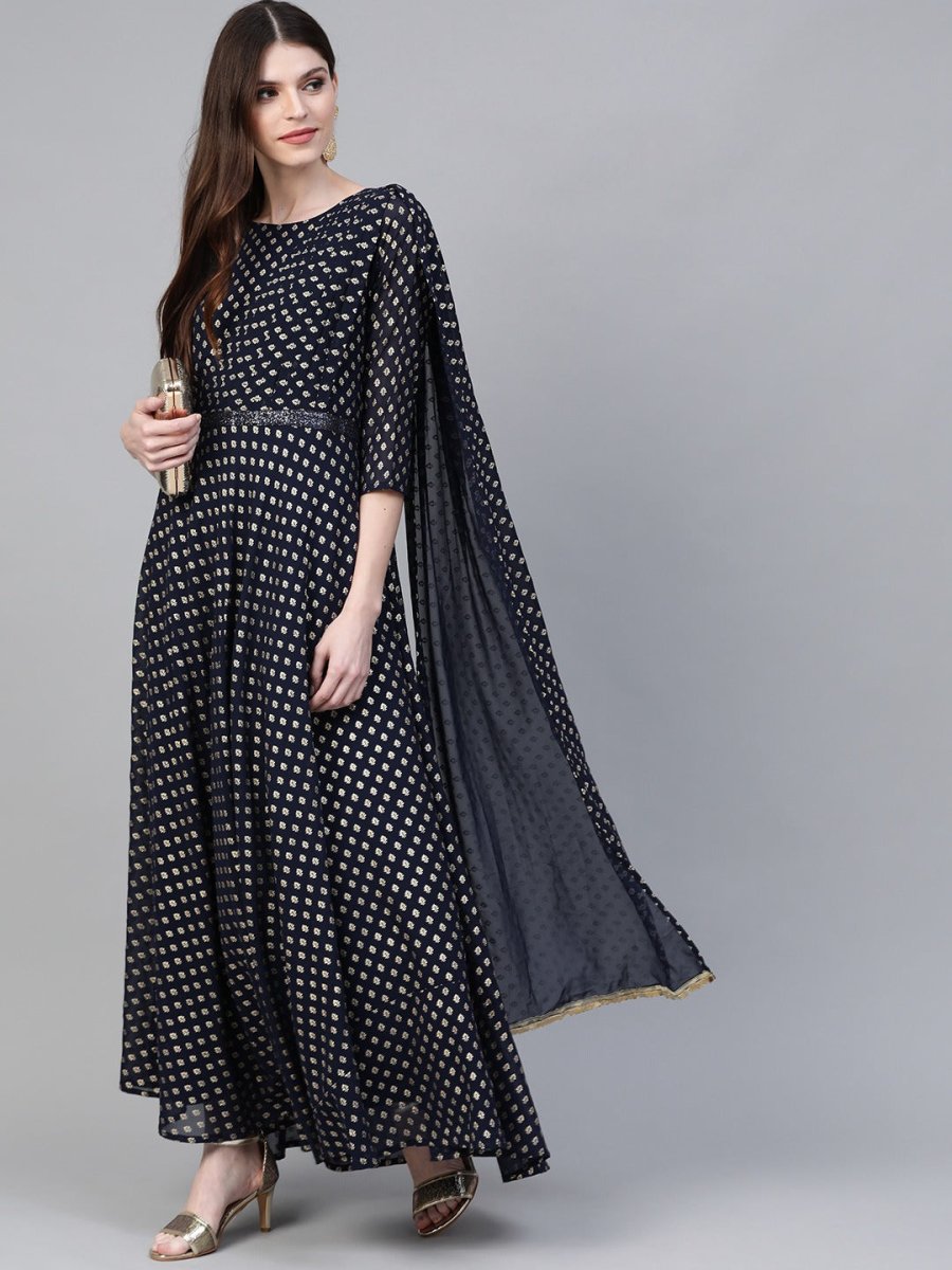 Ahalyaa Navy Blue & Golden Foil Printed Maxi Dress With Attached Dupatta | Swadesiicart