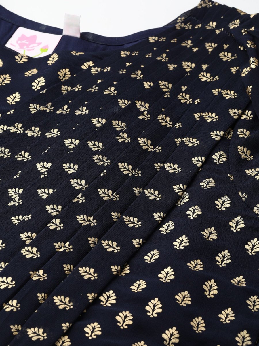 Ahalyaa Navy Blue & Golden Foil Printed Maxi Dress With Attached Dupatta | Swadesiicart