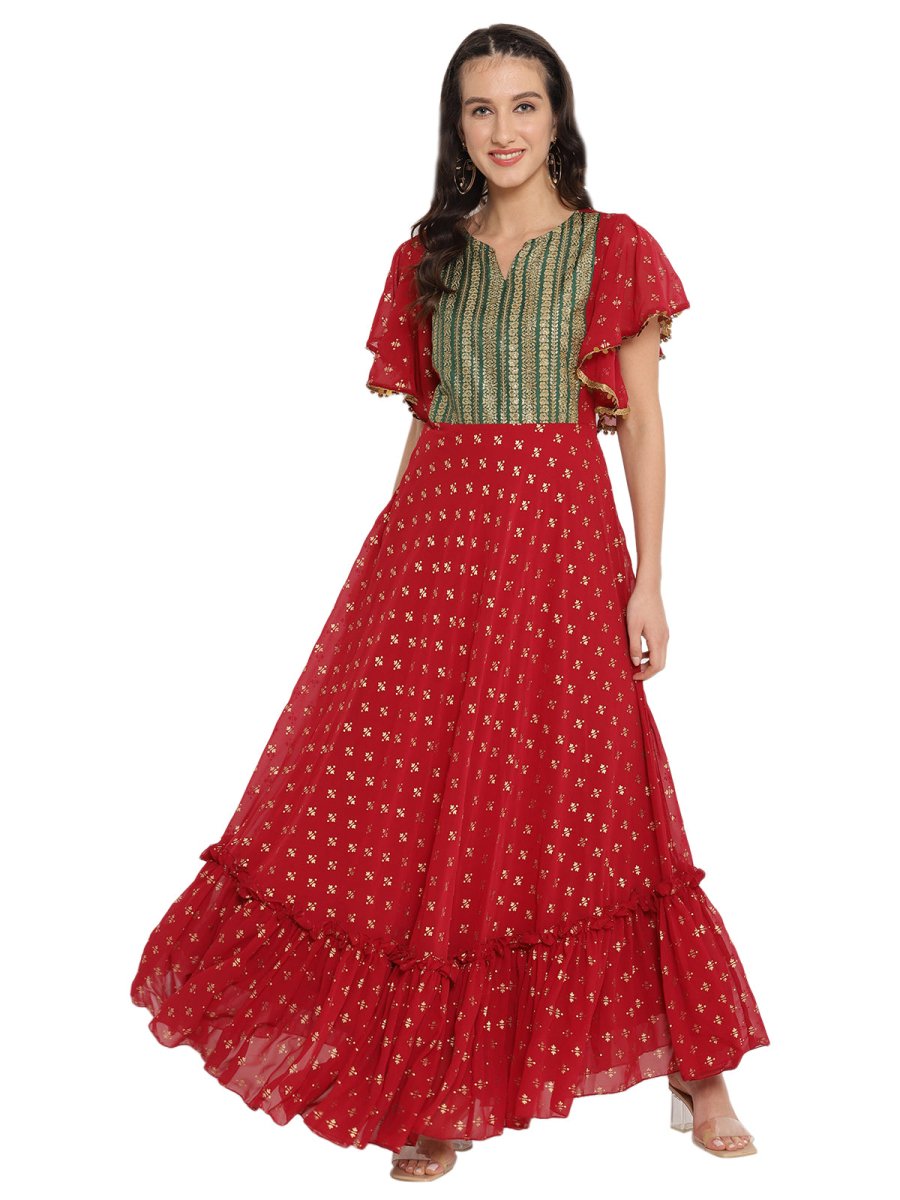 Ahalyaa Maroon & Golden Printed Fit and Flare Maxi Dress | Swadesiicart