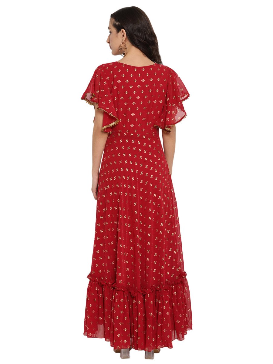 Ahalyaa Maroon & Golden Printed Fit and Flare Maxi Dress | Swadesiicart