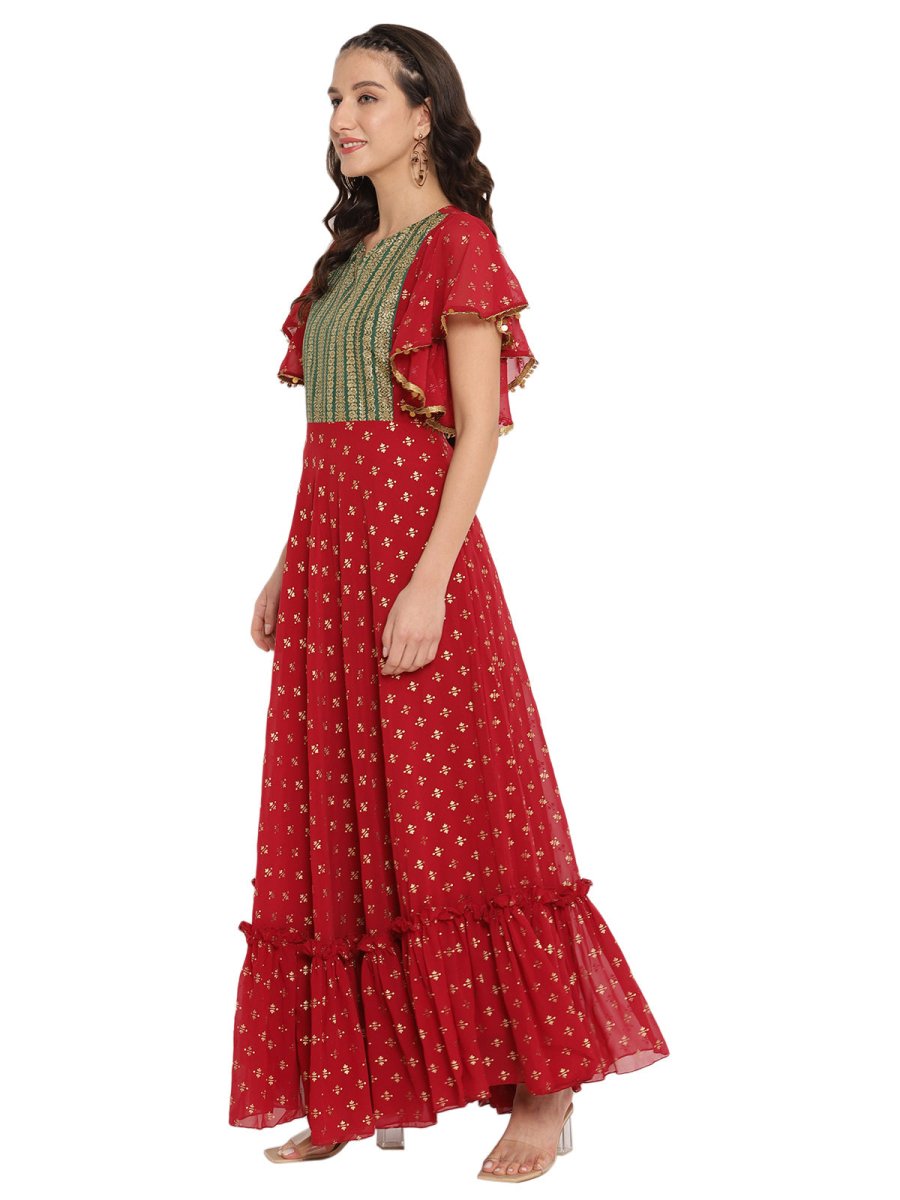 Ahalyaa Maroon & Golden Printed Fit and Flare Maxi Dress | Swadesiicart