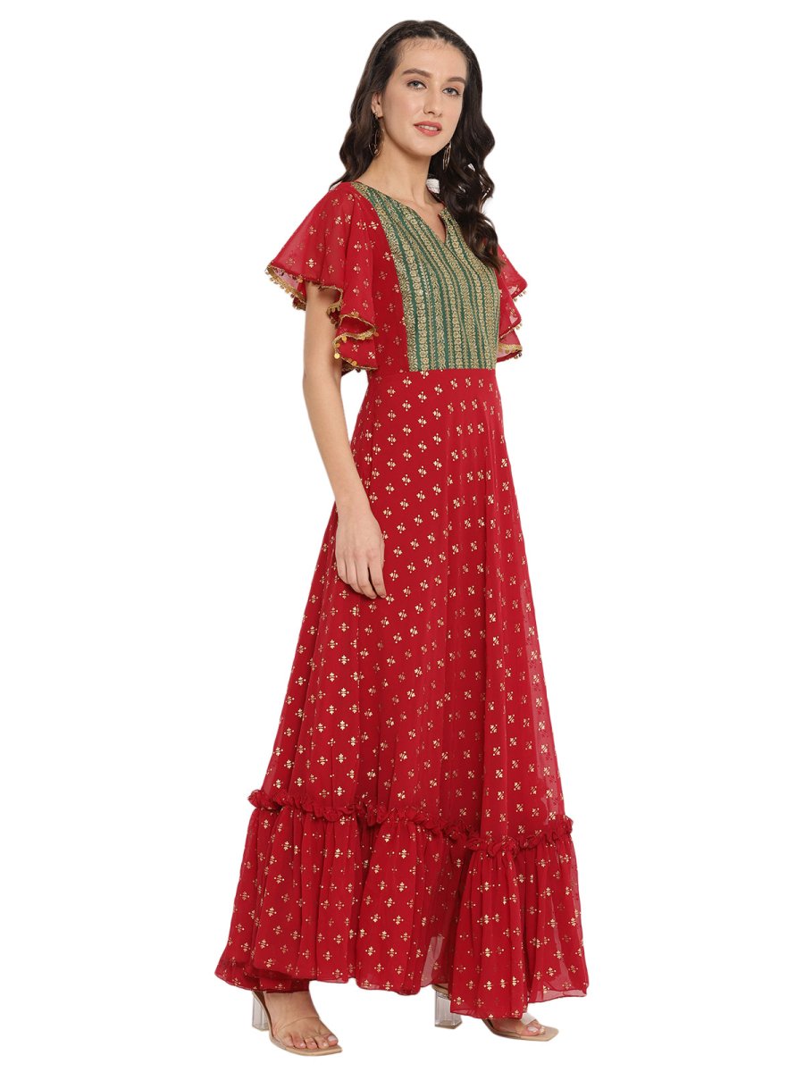 Ahalyaa Maroon & Golden Printed Fit and Flare Maxi Dress | Swadesiicart