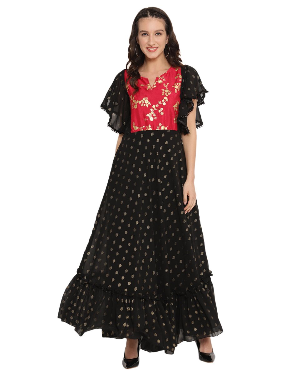 Ahalyaa Black & Red Flared Ethnic Maxi Dress | Swadesiicart