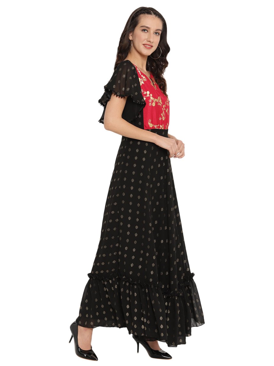 Ahalyaa Black & Red Flared Ethnic Maxi Dress | Swadesiicart