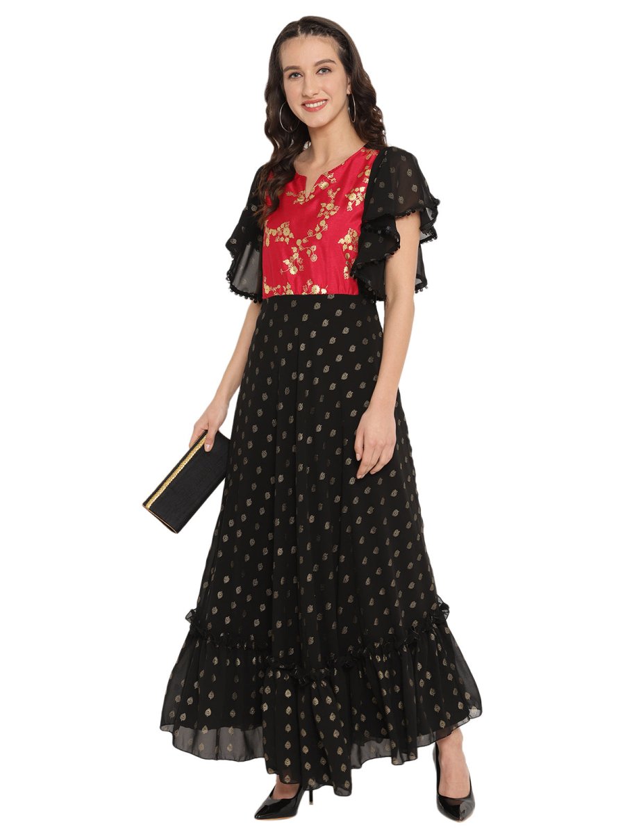 Ahalyaa Black & Red Flared Ethnic Maxi Dress | Swadesiicart