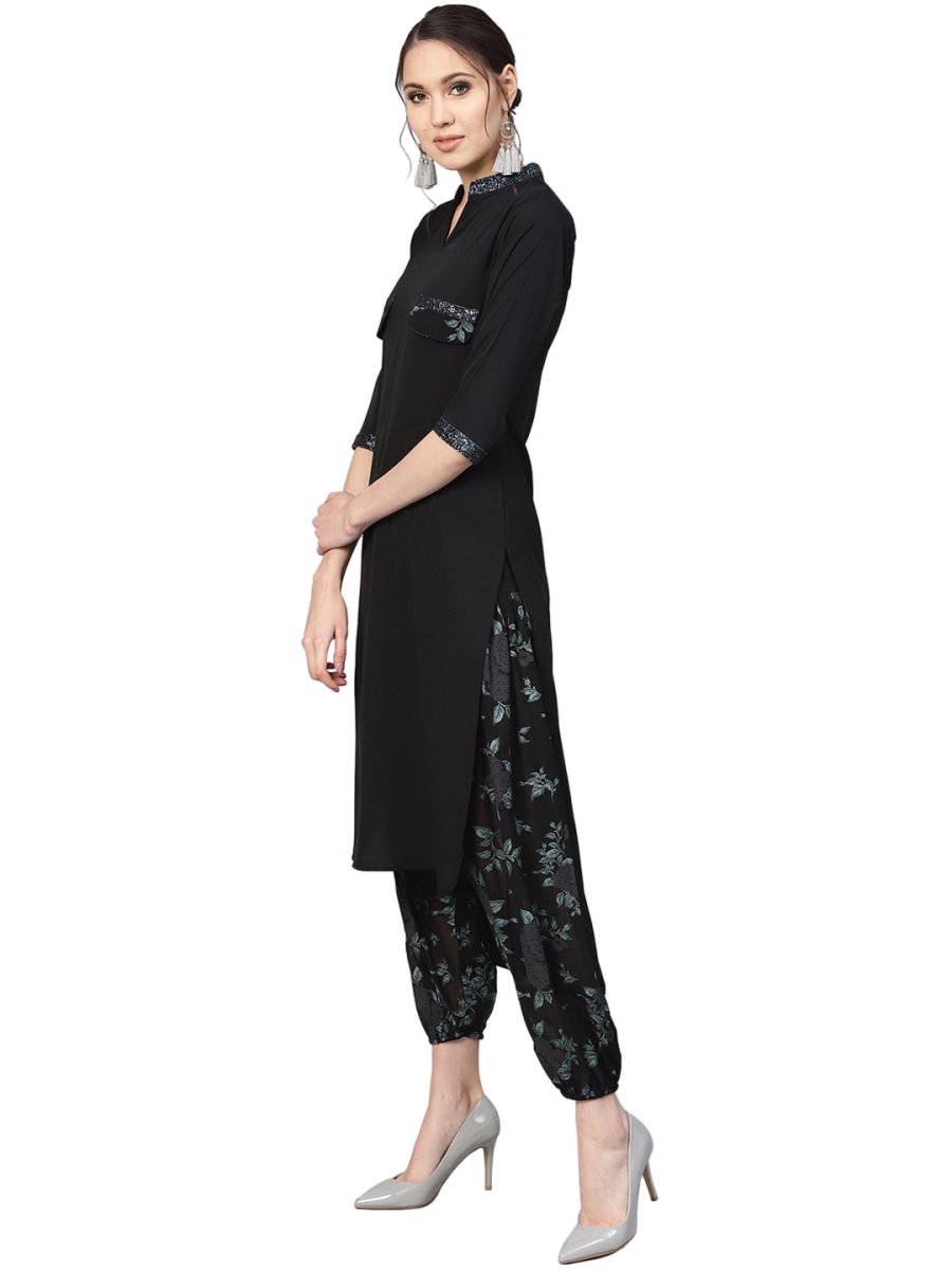 Ahalyaa Women Black & Green Solid Kurta with Harem Pants | Swadesiicart