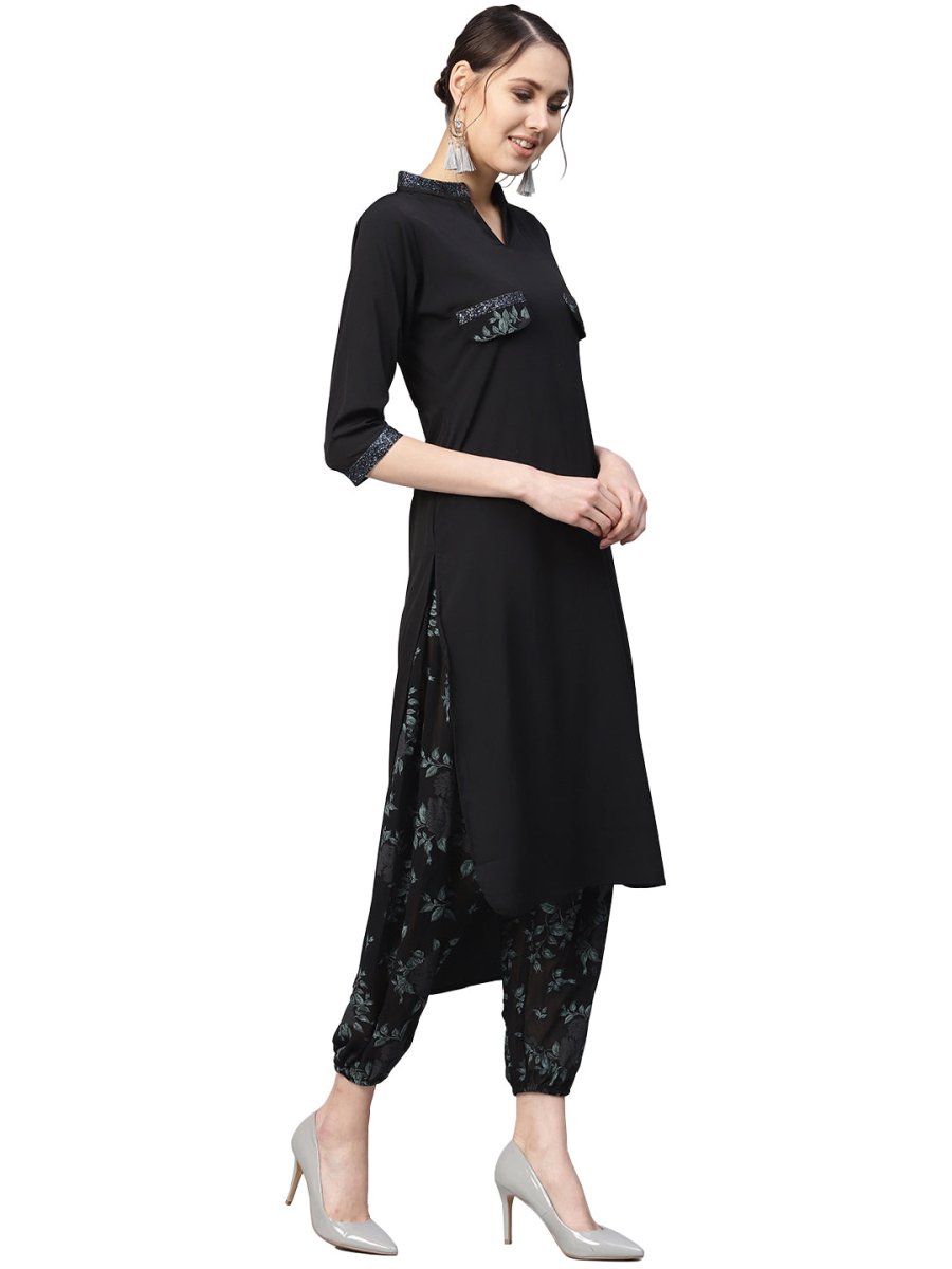 Ahalyaa Women Black & Green Solid Kurta with Harem Pants | Swadesiicart