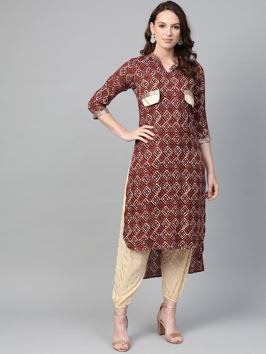Ahalyaa Maroon & Cream-Coloured Printed Straight Kurta with Salwar | Swadesiicart