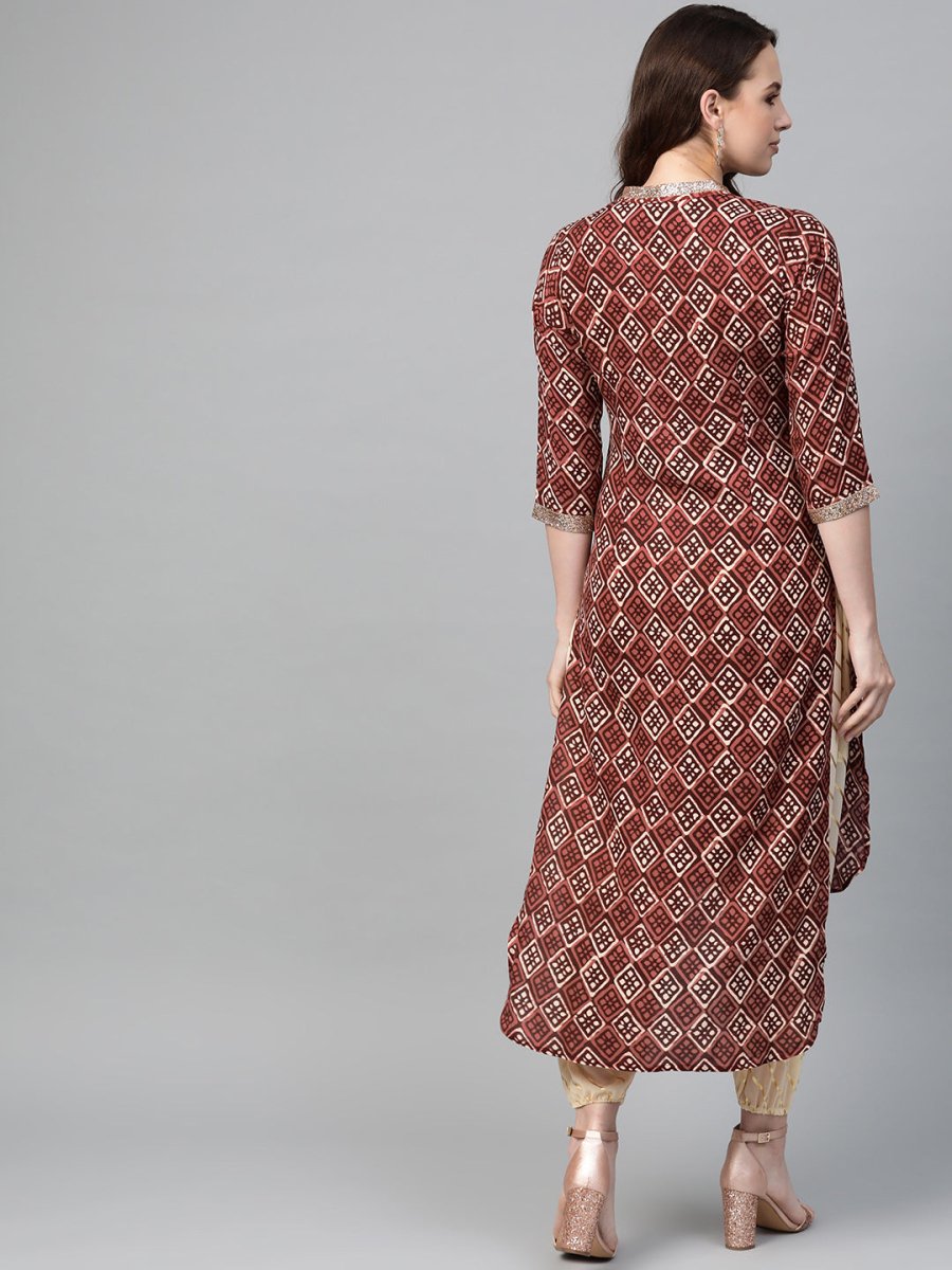 Ahalyaa Maroon & Cream-Coloured Printed Straight Kurta with Salwar | Swadesiicart