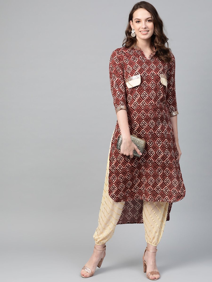 Ahalyaa Maroon & Cream-Coloured Printed Straight Kurta with Salwar | Swadesiicart