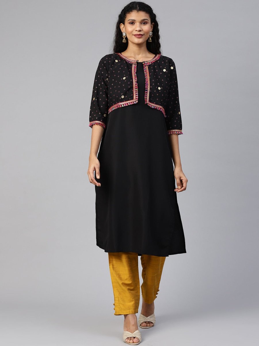 Ahalyaa Women Black & Pink Solid A-Line Kurta with Jacket | Swadesiicart