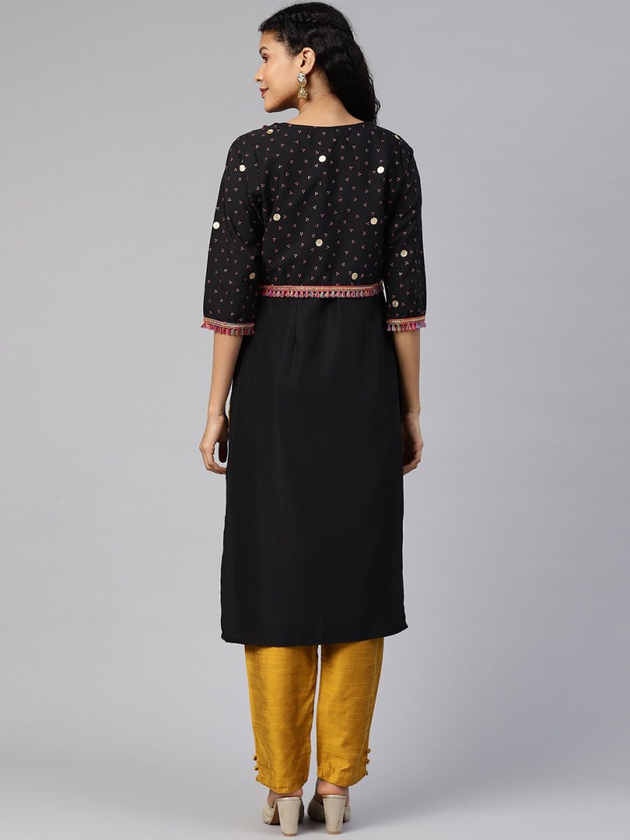 Ahalyaa Women Black & Pink Solid A-Line Kurta with Jacket | Swadesiicart
