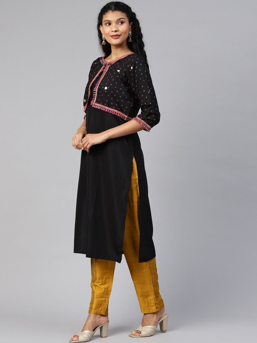 Ahalyaa Women Black & Pink Solid A-Line Kurta with Jacket | Swadesiicart