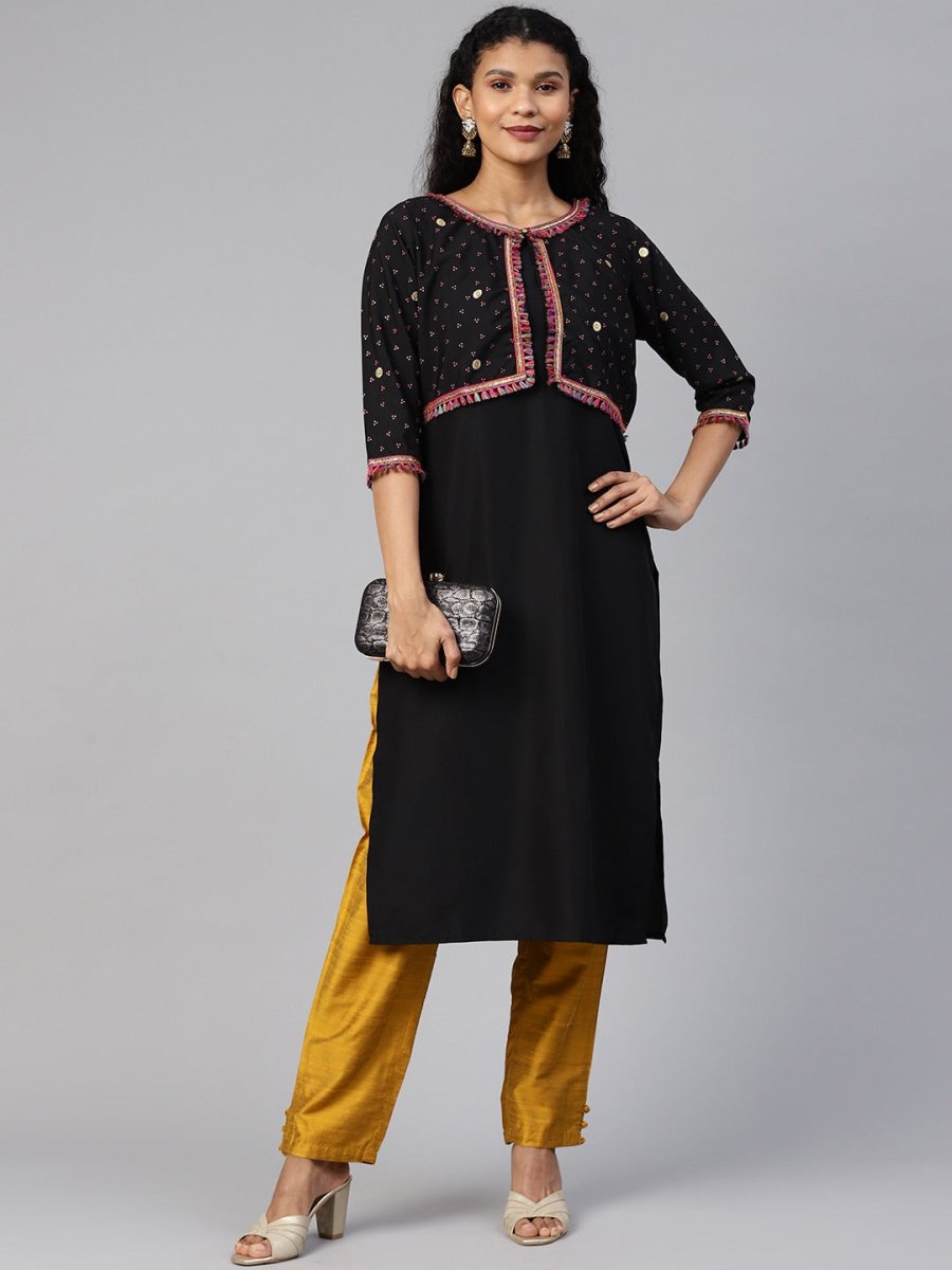 Ahalyaa Women Black & Pink Solid A-Line Kurta with Jacket | Swadesiicart