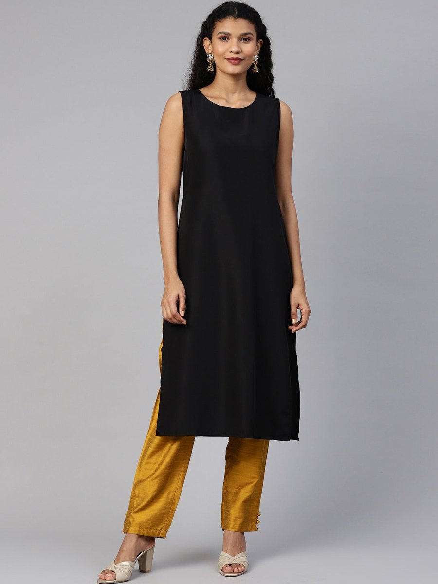 Ahalyaa Women Black & Pink Solid A-Line Kurta with Jacket | Swadesiicart