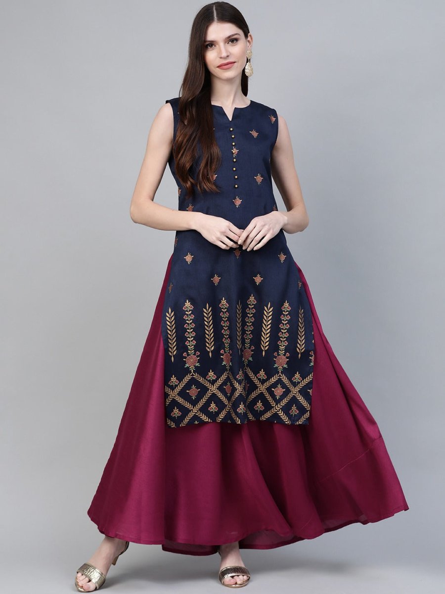 Ahalyaa Women Navy Blue & Magenta Ethnic Sreen Printed Layered Maxi Dress | Swadesiicart
