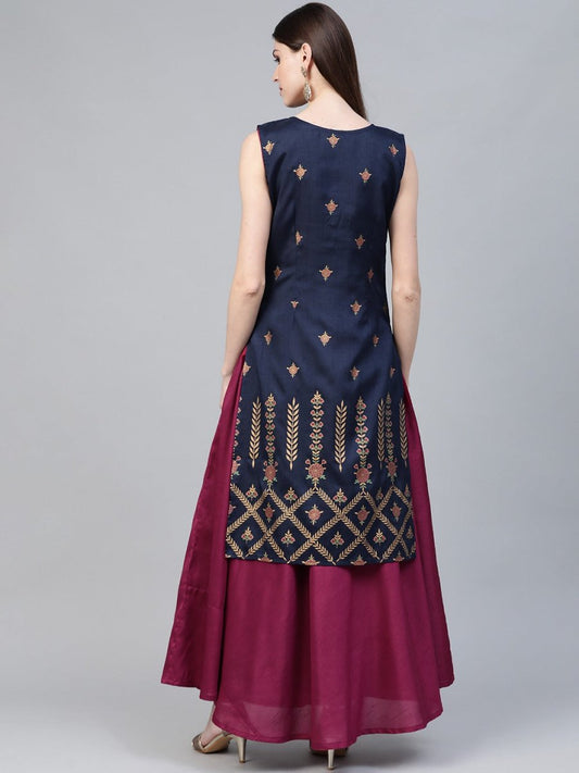 Ahalyaa Women Navy Blue & Magenta Ethnic Sreen Printed Layered Maxi Dress | Swadesiicart