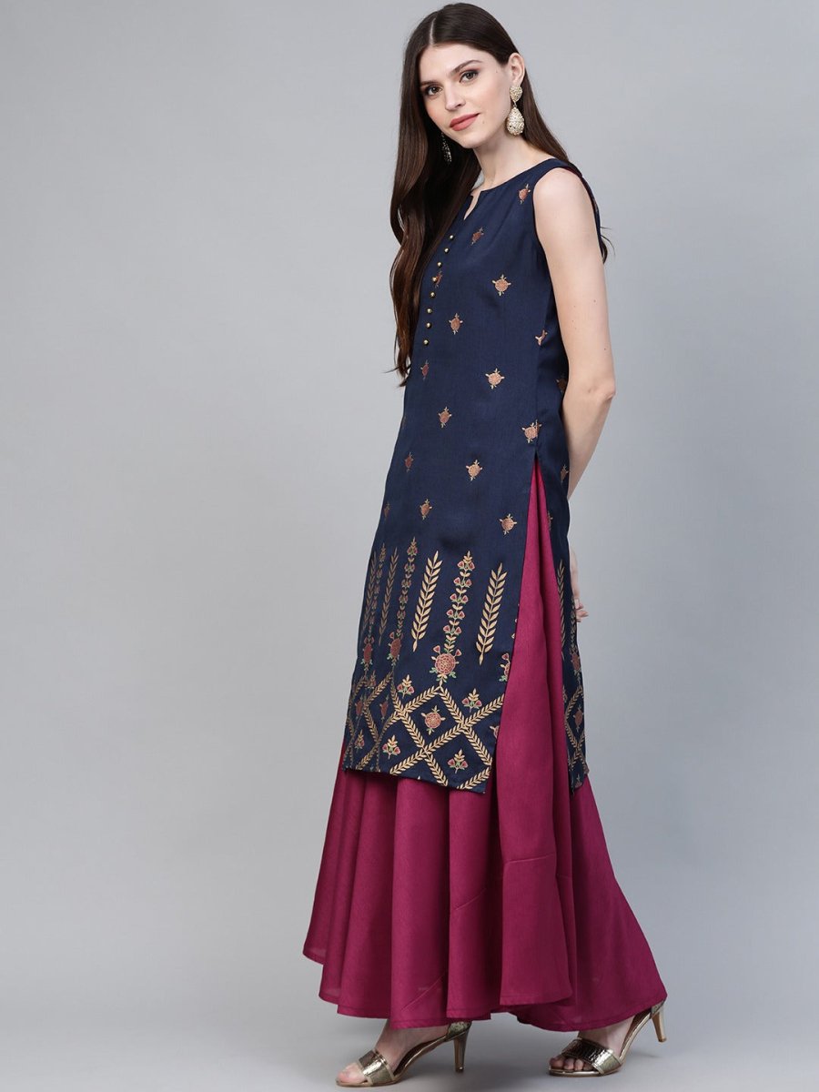 Ahalyaa Women Navy Blue & Magenta Ethnic Sreen Printed Layered Maxi Dress | Swadesiicart