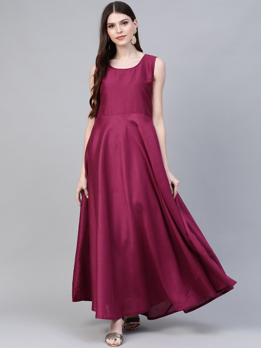 Ahalyaa Women Navy Blue & Magenta Ethnic Sreen Printed Layered Maxi Dress | Swadesiicart