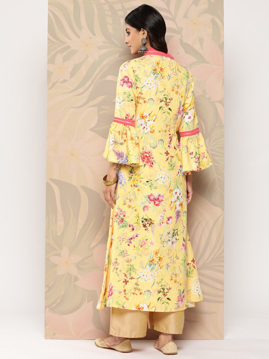 Ahalyaa Floral Printed Bell Sleeves Gotta Patti Crepe Kurta | Swadesiicart