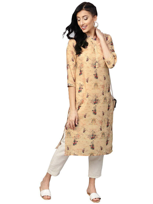 Ahalyaa Beige Dusty Print Straight Kurta For Women | Swadesiicart