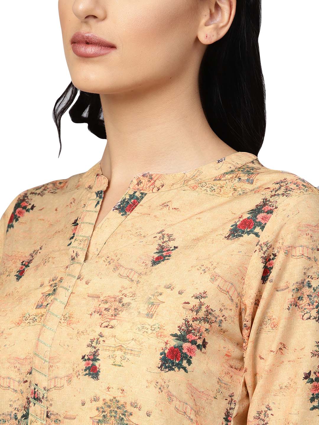 Ahalyaa Beige Dusty Print Straight Kurta For Women | Swadesiicart