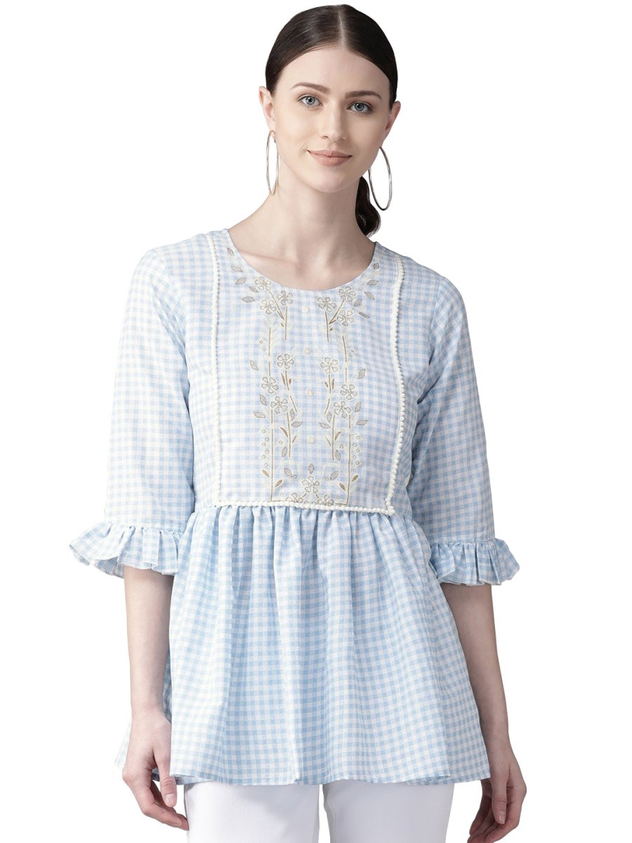 Ahalyaa Women Blue & White Checked A-Line Top | Swadesiicart