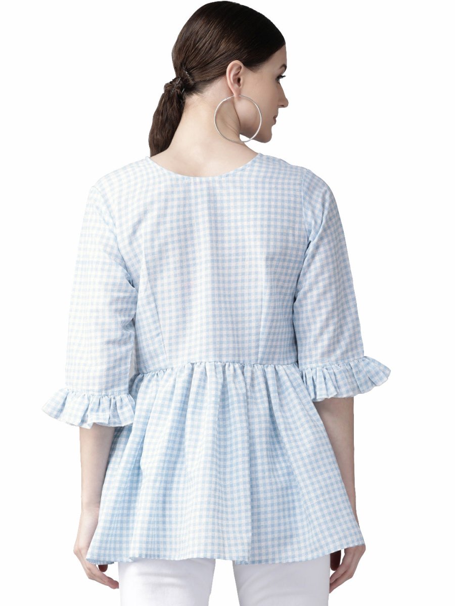 Ahalyaa Women Blue & White Checked A-Line Top | Swadesiicart