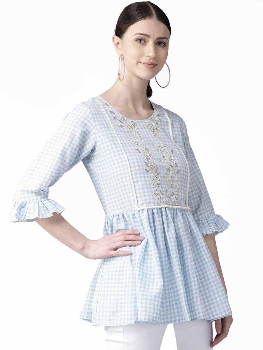Ahalyaa Women Blue & White Checked A-Line Top | Swadesiicart