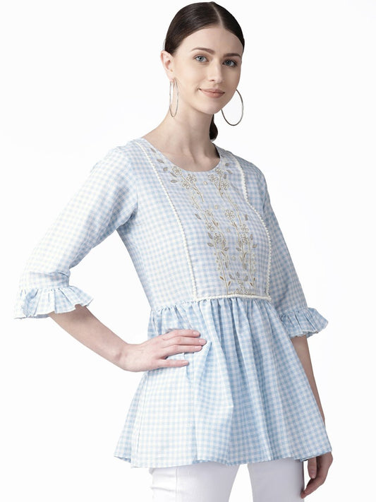 Ahalyaa Women Blue & White Checked A-Line Top | Swadesiicart