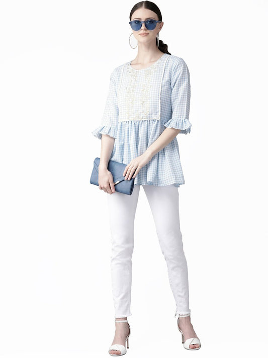 Ahalyaa Women Blue & White Checked A-Line Top | Swadesiicart
