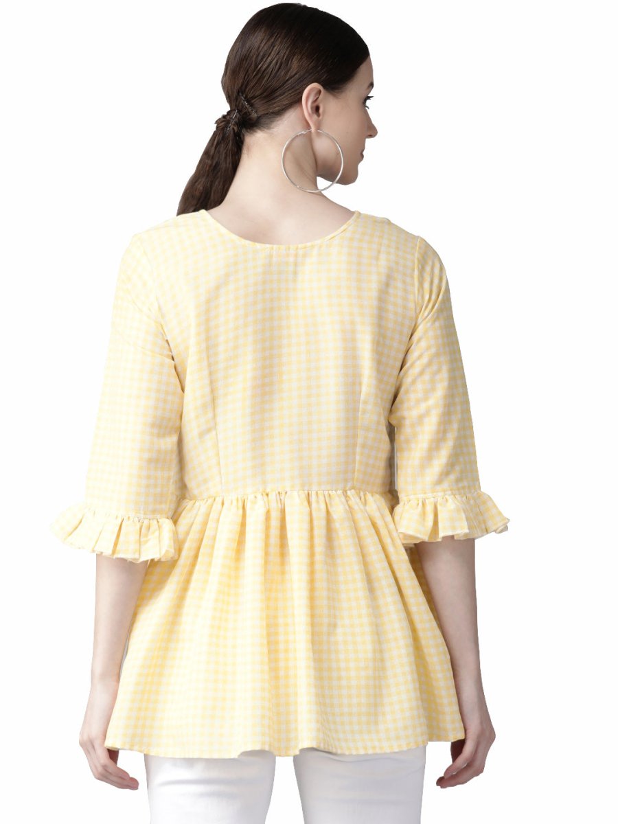 Ahalyaa Yellow & White Checked A-Line Top | Swadesiicart