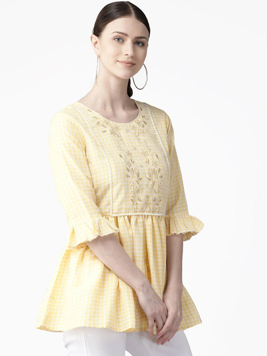 Ahalyaa Yellow & White Checked A-Line Top | Swadesiicart