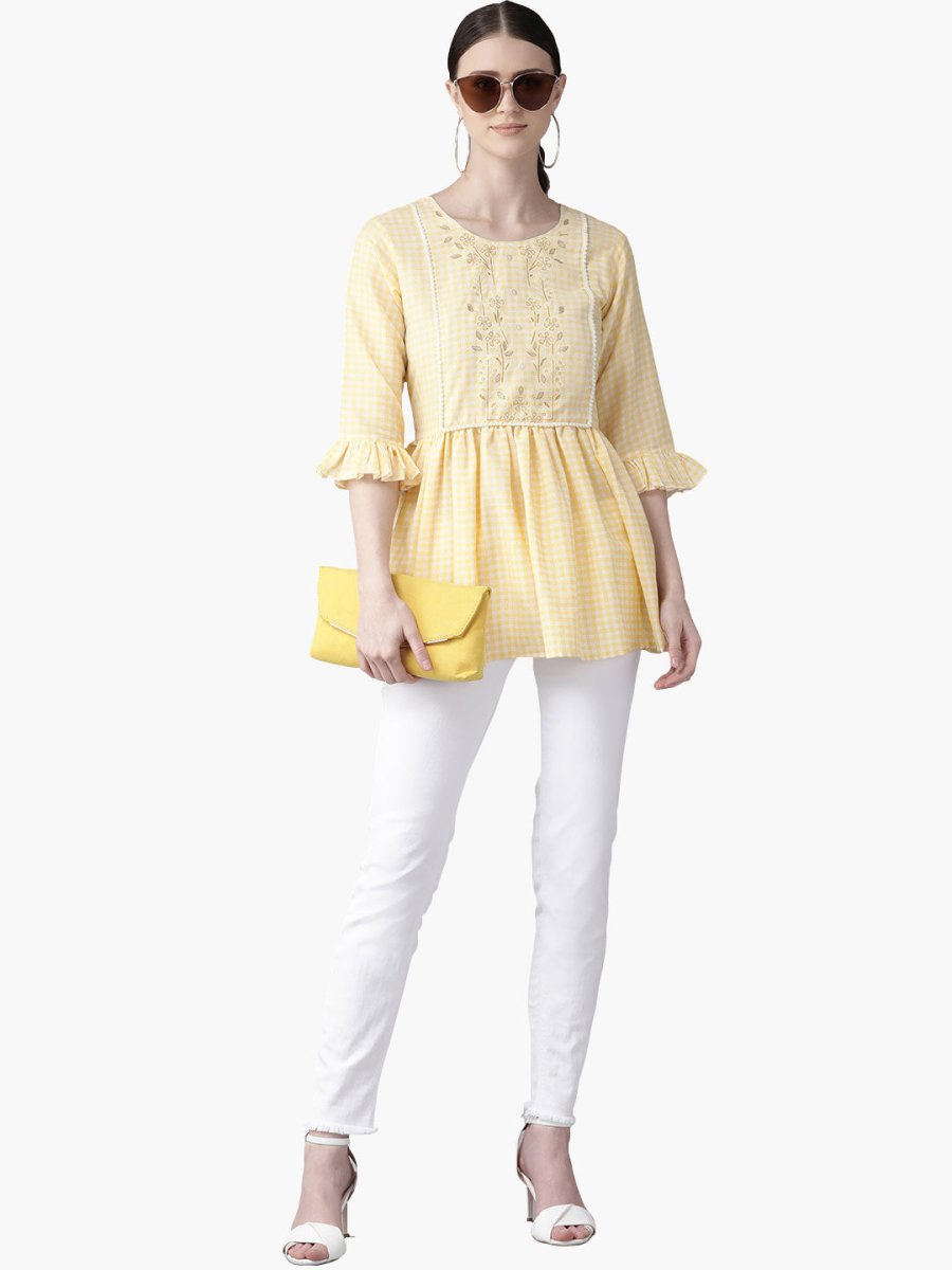 Ahalyaa Yellow & White Checked A-Line Top | Swadesiicart