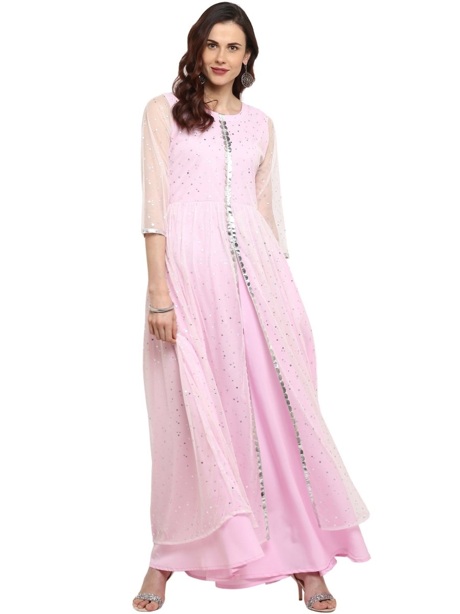 Ahalyaa Women's Stylist Double Layered Light Pink Indo Western Kurta Dress | Swadesiicart