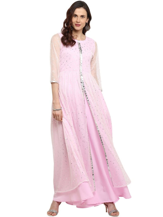 Ahalyaa Women's Stylist Double Layered Light Pink Indo Western Kurta Dress | Swadesiicart